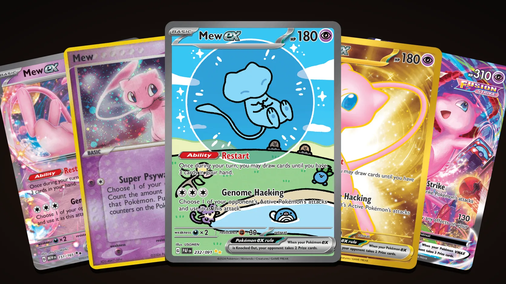 Five Mew Pokémon cards fanned out: the Paldean Fates Mew ex Special Illustration Rare in the centre, with two Mew ex cards from 151, the Holon Phantoms secret rare Mew and the Mew VMAX alternate art